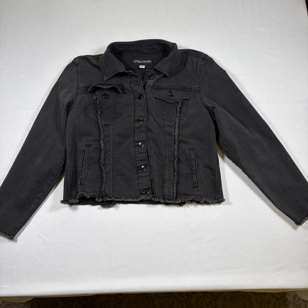 Maurices Womens Black Denim Jacket Frayed Raw Hem Stretch Trucker XL 726775